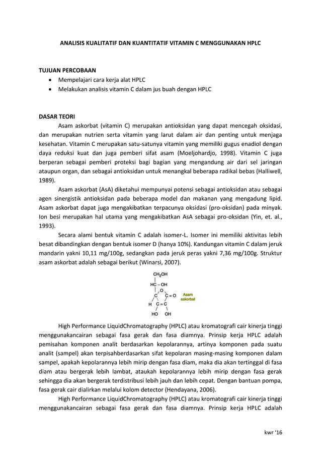Analisis kualitatif dan kuantitatif vitamin c menggunakan hplc