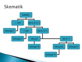 SAMPEL
+ HCl Gol II, III, IV, V
+ H2S
Golongan I Gol III, IV, V
Golongan II (NH4)2S Gol IV, V
Golongan III (NH4)2CO3 Golongan V
Golongan IV
 