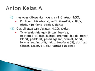 (i) gas-gas dilepaskan dengan HCl atau H2SO4
 Karbonat, bikarbonat, sulfit, tiosulfat, sulfida,
nitrit, hipoklorit, sianida, sianat
(ii) Gas dilepaskan dengan H2SO4 pekat
 Termasuk golongan (i) dan fluorida,
heksafluorosilikat, klorida, bromida, iodida, nitrat,
klorat, perklorat, permanganat, bromat, borat,
heksasianoferat (II), heksasianoferat (III), tiosinat,
format, asetat, oksalat, tartrat dan sitrat
 