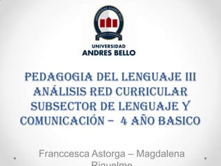 PEDAGOGIA DEL LENGUAJE III
Análisis Red Curricular
SUBSECTOR DE LENGUAJE Y
COMUNICACIÓN – 4 AÑO BASICO
Franccesca Astorga – Magdalena
 