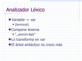 Analizador Léxico Variable  -> var (terminal) Compone lexema “ _ammm-8ab” Lo transforma en var El árbol sintáctico no crece más 