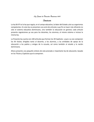 Analisis ley 66 97 de la Educacion Dominicana | DOCX
