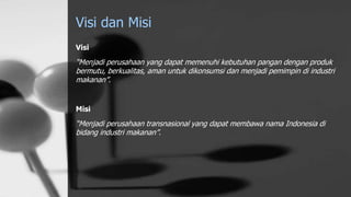 Visi dan Misi
Visi
“Menjadi perusahaan yang dapat memenuhi kebutuhan pangan dengan produk
bermutu, berkualitas, aman untuk dikonsumsi dan menjadi pemimpin di industri
makanan”.
Misi
“Menjadi perusahaan transnasional yang dapat membawa nama Indonesia di
bidang industri makanan”.
 