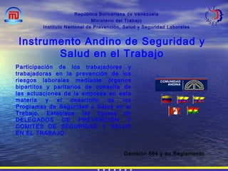 República Bolivariana de Venezuela
Ministerio del Trabajo
Instituto Nacional de Prevención, Salud y Seguridad Laborales
Instrumento Andino de Seguridad y
Salud en el Trabajo
Participación de los trabajadores y
trabajadoras en la prevención de los
riesgos laborales mediante órganos
bipartitos y paritarios de consulta de
las actuaciones de la empresa en esta
materia y el desarrollo de los
Programas de Seguridad y Salud en el
Trabajo. Establece las figuras de
DELEGADOS DE PREVENCIÓN Y
COMITES DE SEGURIDAD Y SALUD
EN EL TRABAJO.
Decisión 584 y su Reglamento
 