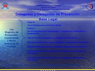 República Bolivariana de Venezuela
Ministerio del Trabajo
Instituto Nacional de Prevención, Salud y Seguridad Laborales
Delegados y Delegadas de Prevención
Base Legal
Ley
Orgánica de
Prevención,
Condiciones
y Medio
Ambiente de
Trabajo
Titulo III
De la Participación y el Control Social
Capitulo I
De la Participación de Trabajadores y Trabajadoras, Empleadores y
Empleadoras
Artículo 41 de los Delegados y Delegadas de Prevención
Artículo 42 atribuciones de los Delegados y Delegadas de Prevención
Artículo 43 facultades de los Delegados y Delegadas de Prevención
Artículo 44 protección y garantía de los Delegados y Delegadas de
Prevención
Artículo 45 del sigilo profesional de los Delegados y Delegadas de
Prevención
Guía Técnica de Prevención (GTP) 1: Delegados (as) de Prevención
 