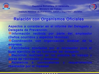 República Bolivariana de Venezuela
Ministerio del Trabajo
Instituto Nacional de Prevención, Salud y Seguridad Laborales
Aspectos a considerar en el informe del Delegado y
Delegada de Prevención:
Información recibida por parte del empleador
(Daños ocurridos y aspectos técnicos)
Coordinación con organización sindical de la
empresa
Facilidades aportadas por el empleador para el
buen ejercicio de las funciones del delegado.
Recorrido realizado en los puestos de trabajo y
áreas de recreación y descanso.
Asistencia a convocatorias y requerimientos
realizados por el Inpsasel
Relación con Organismos Oficiales
 