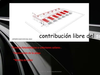 GRUPO "2"  diseño arquitectonicocontribución libre del sol*Paneles fotovoltaicos o colectores solares .*Iluminación de la plaza*Bomba de calor
