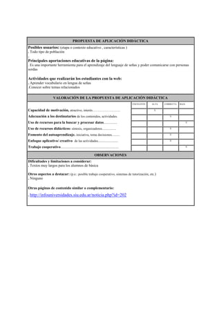 PROPUESTA DE APLICACIÓN DIDÁCTICA
Posibles usuarios: (etapa o contexto educativo , características )
. Todo tipo de población
.
Principales aportaciones educativas de la página:
. Es una importante herramienta para el aprendizaje del lenguaje de señas y poder comunicarse con personas
sordas
Actividades que realizarán los estudiantes con la web:
. Aprender vocabulario en lengua de señas
.Conocer sobre temas relacionados
VALORACIÓN DE LA PROPUESTA DE APLICACIÓN DIDÁCTICA
Capacidad de motivación, atractivo, interés…………………….
Adecuación a los destinatarios de los contenidos, actividades.
Uso de recursos para la buscar y procesar datos................
Uso de recursos didácticos: síntesis, organizadores.................
Fomento del autoaprendizaje. iniciativa, toma decisiones..........
Enfoque aplicativo/ creativo de las actividades........................
Trabajo cooperativo......................................................................
EXCELENTE ALTA CORRECTA BAJA
X
X
X
X
X
X
X
OBSERVACIONES
Dificultades y limitaciones a considerar:
. Textos muy largos para los alumnos de básica
Otros aspectos a destacar: (p.e.: posible trabajo cooperativo, sistemas de tutorización, etc.)
. Ninguno
Otras páginas de contenido similar o complementario:
. http://infouniversidades.siu.edu.ar/noticia.php?id=202
 