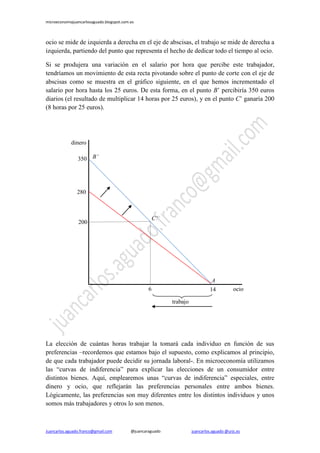microeconomiajuancarlosaguado.blogspot.com.es 
Juancarlos.aguado.franco@gmail.com @juancaraguado juancarlos.aguado @urjc.es 
ocio se mide de izquierda a derecha en el eje de abscisas, el trabajo se mide de derecha a izquierda, partiendo del punto que representa el hecho de dedicar todo el tiempo al ocio. 
Si se produjera una variación en el salario por hora que percibe este trabajador, tendríamos un movimiento de esta recta pivotando sobre el punto de corte con el eje de abscisas como se muestra en el gráfico siguiente, en el que hemos incrementado el salario por hora hasta los 25 euros. De esta forma, en el punto B’ percibiría 350 euros diarios (el resultado de multiplicar 14 horas por 25 euros), y en el punto C’ ganaría 200 (8 horas por 25 euros). 
La elección de cuántas horas trabajar la tomará cada individuo en función de sus preferencias –recordemos que estamos bajo el supuesto, como explicamos al principio, de que cada trabajador puede decidir su jornada laboral-. En microeconomía utilizamos las “curvas de indiferencia” para explicar las elecciones de un consumidor entre distintos bienes. Aquí, emplearemos unas “curvas de indiferencia” especiales, entre dinero y ocio, que reflejarán las preferencias personales entre ambos bienes. Lógicamente, las preferencias son muy diferentes entre los distintos individuos y unos somos más trabajadores y otros lo son menos. 
dinero 
ocio 
A 
B’ 
280 
200 
14 
6 
C’ 
trabajo 
350  