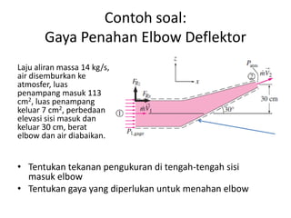Contoh soal:
Gaya Penahan Elbow Deflektor
Laju aliran massa 14 kg/s,
air disemburkan ke
atmosfer, luas
penampang masuk 113
cm2, luas penampang
keluar 7 cm2, perbedaan
elevasi sisi masuk dan
keluar 30 cm, berat
elbow dan air diabaikan.

• Tentukan tekanan pengukuran di tengah-tengah sisi
masuk elbow
• Tentukan gaya yang diperlukan untuk menahan elbow

 