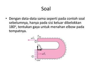 Soal
• Dengan data-data sama seperti pada contoh soal
sebelumnya, hanya pada sisi keluar dibelokkan
180o, tentukan gaya untuk menahan elbow pada
tempatnya.

 