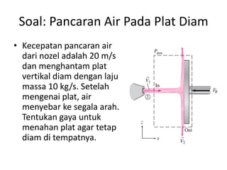 Soal: Pancaran Air Pada Plat Diam
• Kecepatan pancaran air
dari nozel adalah 20 m/s
dan menghantam plat
vertikal diam dengan laju
massa 10 kg/s. Setelah
mengenai plat, air
menyebar ke segala arah.
Tentukan gaya untuk
menahan plat agar tetap
diam di tempatnya.

 