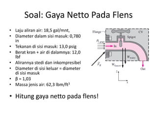 Soal: Gaya Netto Pada Flens
• Laju aliran air: 18,5 gal/mnt,
• Diameter dalam sisi masuk: 0,780
in
• Tekanan di sisi masuk: 13,0 psig
• Berat kran + air di dalamnya: 12,0
lbf
• Alirannya stedi dan inkompresibel
• Diameter di sisi keluar = diameter
di sisi masuk
• β = 1,03
• Massa jenis air: 62,3 lbm/ft3

• Hitung gaya netto pada flens!

 