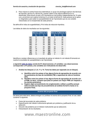 Servicio de asesoría y resolución de ejercicios ciencias_help@hotmail.com 
www.maestronline.com 
2. Para mejorar la actitud hacia las matemáticas un grupo de psicólogos aplican dos técnicas de hipnosis: técnica A y técnica B y quieren saber si hay alguna diferencia en su efectividad. Ellos toman al azar a 20 voluntarios en dos grupos independientes de 10 cada uno y al primero se le aplica la técnica A y al resto la técnica B. Cada persona se le aplica un diagnóstico para saber la susceptibilidad de ser hipnotizado que es una variable relacionada con la receptividad de cada persona. Se define X el índice de sugestibilidad y Y el índice de inducción hipnótica. Las tablas de datos de resultados son las siguientes: Método A Método B Método A Método B Xa Ya Xb Yb A1 A2 A3 A4 A5 5 10 12 9 23 20 23 30 25 34 B1 B2 B3 B4 B5 7 12 27 24 18 19 26 33 35 30 A6 A7 A8 A9 A10 21 14 18 6 13 40 27 38 24 31 B6 B7 B8 B9 B10 22 26 21 14 9 31 34 28 23 22 Identificar si existen diferencias en el resultado de aplicar el método A o el método B tomando en cuenta la covariable de susceptibilidad a ser hipnotizado. a siguiente tabla de datos consta de 91 observaciones y 6 variables. Las observaciones corresponden a 91 países y las variables son indicadores de desarrollo:  Analiza los bloques 2, 5, 8, 11 y 14. Toma los datos por separado (no en bloque). a. Identifica entre los países si hay alguna forma de agruparlos de acuerdo con los parámetros de tasa de mortalidad (TM) o esperanza de vida en hombres (EH). b. Identifica entre los países si hay alguna forma de agruparlos de acuerdo con el PNB, es decir, compara qué pasa en países con mayor PNB con respecto a los demás parámetros. c. Sugiere algún procedimiento de conglomerado a utilizar y justifica porqué seleccionaste ese tipo de procedimiento (el análisis formal lo harás en tu proyecto final). Avance del proyecto final De tarea para este tema, debes entregar a tu profesor el avance de tu proyecto final, el cual, debe contener lo siguiente:  Copia del enunciado de cada problema.  Especificación del método multivariante aplicado por problema y justificación de su selección.  Solución del problema por el método multivariante que se seleccionó.  Interpretación de los resultados.  