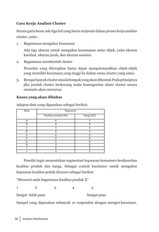 96 Analisis Multivariat
Cara Kerja Analisis Cluster
Secara garis besar ada tiga hal yang harus terjawab dalam proses kerja analisis
cluster, yaitu :
1. 	 Bagaimana mengukur kesamaan
	 Ada tiga ukuran untuk mengukur kesamaaan antar objek, yaitu ukuran
korelasi, ukuran jarak, dan ukuran asosiasi.
2. 	 Bagaimana membentuk cluster
	 Prosedur yang diterapkan harus dapat mengelompokkan objek-objek
yang memiliki kesamaan yang tinggi ke dalam sutau cluster yang sama.
3. 	 BerapabanyakclusterataukelompokyangakandibentukPadaprinsipnya
jika jumlah cluster berkurang maka homogenitas alami cluster secara
otomatis akan menurun.
Kasus yang akan dibahas
Adapun data yang digunakan sebagai berikut:
Resp Kepuasan
Kualitas produk (X1) Harga (X2)
A 4 3
B 4 4
C 3 4
D 4 3
E 4 3
F 4 4
G 2 4
H 3 4
l 4 3
J 3 3
Peneliti ingin menentukan segmentasi kepuasan konsumen berdasarkan
kualitas produk dan harga. Sebagai contoh kuesioner untuk mengukur
kepuasan kualitas poduk disusun sebagai berikut:
“Menurut anda bagaimana kaulitas produk X”
1 2 3 4 5
Sangat tidak puas Sangat puas
Sampel yang digunakan sebanyak 10 responden dengan mengisi kuesioner.
 