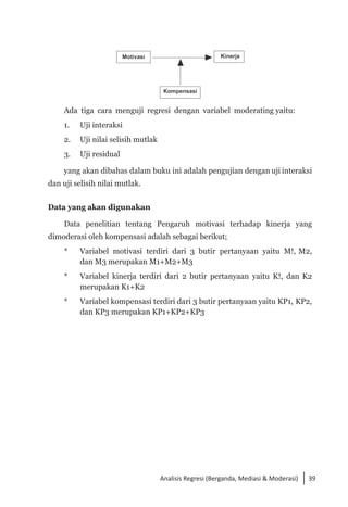 39
Analisis Regresi (Berganda, Mediasi & Moderasi)
Ada tiga cara menguji regresi dengan variabel moderating yaitu:
1. 	 Uji interaksi
2. 	 Uji nilai selisih mutlak
3. 	 Uji residual
yang akan dibahas dalam buku ini adalah pengujian dengan uji interaksi
dan uji selisih nilai mutlak.
Data yang akan digunakan
Data penelitian tentang Pengaruh motivasi terhadap kinerja yang
dimoderasi oleh kompensasi adalah sebagai berikut;
* 	 Variabel motivasi terdiri dari 3 butir pertanyaan yaitu M!, M2,
dan M3 merupakan M1+M2+M3
* 	 Variabel kinerja terdiri dari 2 butir pertanyaan yaitu K!, dan K2
merupakan K1+K2
* 	 Variabel kompensasi terdiri dari 3 butir pertanyaan yaitu KP1, KP2,
dan KP3 merupakan KP1+KP2+KP3
 