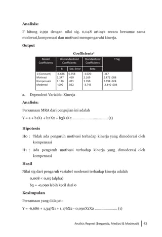 43
Analisis Regresi (Berganda, Mediasi & Moderasi)
Analisis:
F hitung 2,991 dengan nilai sig. 0,048 artinya secara bersama- sama
moderasi,kompensasi dan motivasi mempengaruhi kinerja.
Output
Coefficientsa
Model
Coefficients
Unstandardized
Coefficients
Standardized
Coefficients
T Sig.
B Std. Error Beta
1 (Constant)
Motivasi
Kompensasi
Moderasi
-6.686
1.347
1.176
-.090
6.558
.469
.491
.032
-1.020
2.169
1.768
-3.745
.317
2.872 .008
2.394 .024
-2.840 .008
a. 	 Dependent Variable: Kinerja
Analisis:
Persamaan MRA dari pengujian ini adalah
Y = a + b1X1 + b2X2 + b3X1X2 .................................... (1)
Hipotesis
H0	: 	 Tidak ada pengaruh motivasi terhadap kinerja yang dimoderasi oleh
kompensasi
H1	 :	 Ada pengaruh motivasi terhadap kinerja yang dimoderasi oleh
kompensasi
Hasil
Nilai sig dari pengaruh variabel moderasi terhadap kinerja adalah
	 0,008 < 0,05 (alpha)
	 b3 = -0,090 lebih kecil dari 0
Kesimpulan
Persamaan yang didapat:
Y = -6,686 + 1,347X1 + 1,176X2 - 0,090X1X2 ....................... (1)
 