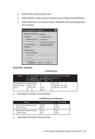 45
Analisis Regresi (Berganda, Mediasi & Moderasi)
5. 	 Pada kotak method isikan enter
6. 	 Pilih Statistics, akan muncul windows Linear Regression Statistics
7. 	 IsikanEstimates,Covariancematrix,Modelfit,Colinearitydiagnostic
lalu continue
	
Hasil dan Analisis
Coefficientsa
Model Unstandardized
Coefficients
Standardized
Coefficients
t Sig. Collinearity Statistics
Tolerance VIF
B Std. Error Beta
1(Constant) Stress
Kerja Kepuasan
Kerja
.065
.648
.249
5.545
.237
.119 .723
.555
.012. 991
2.730.018 .713 1.403
2.094.058 .713 1.403
a. 	 Dependent Variable: Prestasi Kerja
Coefficient Correlationsa
Model Kepuasan Kerja Stress Kerja
1 C orrelations Kepuasan Kerja
Stress Kerja
1.000
.536
.536
1.000
C ovariances Kepuasan Kerja
Stress Kerja.
.014
015
.015
.056
a. 	 Dependent Variable: Prestasi Kerja
 