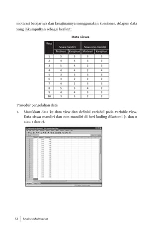 52 Analisis Multivariat
motivasi belajarnya dan kerajinannya menggunakan kuesioner. Adapun data
yang dikumpulkan sebagai berikut:
Data siswa
Resp
Siswa mandiri Siswa non-mandiri
Motivasi Kerajinan Motivasi Kerajinan
1 5 3 3 3
2 4 4 3 3
3 5 4 2 3
4 4 4 2 4
5 3 3 3 3
6 3 2 2 2
7 4 2 3 3
8 5 3 4 2
9 4 4 3 3
10 3 3 2 2
Prosedur pengolahan data
1. 	 Masukkan data ke data view dan definisi variabel pada variable view.
Data siswa mandiri dan non mandiri di beri koding dikotomi (1 dan 2
atau 1 dan o).
 