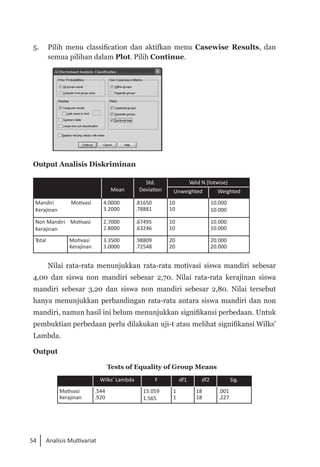 54 Analisis Multivariat
5. 	 Pilih menu classification dan aktifkan menu Casewise Results, dan
semua pilihan dalam Plot. Pilih Continue.
Output Analisis Diskriminan
Mean
Std.
Deviation
Valid N (listwise)
Unweighted Weighted
Mandiri            Motivasi
Kerajinan
4.0000
3.2000
.81650
.78881
10
10
10.000
10.000
Non Mandiri    Motivasi
Kerajinan
2.7000
2.8000
.67495
.63246
10
10
10.000
10.000
Total Motivasi
Kerajinan
3.3500
3.0000
.98809
.72548
20
20
20.000
20.000
Nilai rata-rata menunjukkan rata-rata motivasi siswa mandiri sebesar
4,00 dan siswa non mandiri sebesar 2,70. Nilai rata-rata kerajinan siswa
mandiri sebesar 3,20 dan siswa non mandiri sebesar 2,80. Nilai tersebut
hanya menunjukkan perbandingan rata-rata antara siswa mandiri dan non
mandiri, namun hasil ini belum menunjukkan signifikansi perbedaan. Untuk
pembuktian perbedaan perlu dilakukan uji-t atau melihat signifikansi Wilks’
Lambda.
Output
Tests of Equality of Group Means
Wilks’ Lambda F df1 df2 Sig.
Motivasi
Kerajinan
.544
.920
15.059
1.565
1
1
18
18
.001
.227
 