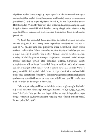 63
Analisis Korelasi Kanonikal
signifikan adalah o,ooo, fungsi 3 angka signifikan adalah o,ooo dan fungsi 4
angka signifikan adalah o,oo5. Sedangkan apabila diuji secara bersama-sama
(multivariat) terlihat angka signifikan adalah o,ooo untuk prosedur Pillais,
Hotellings dan Wilks. Berdasarkan nilai kekuatan korelasi dapat digunakan
fungsi 1 karena memiliki nilai korelasi paling tinggi yaitu sebesar 0,885
dan signifikansi kurang dari o,o5 sehingga diutamakan dalam pembahasan
penelitian.
Terdapat dua kanonikal dalam penelitian ini yaitu dependent canonical
variate yang terdiri dari Y1-Y5 serta dependent canonical variate terdiri
dari X1-X4. Analisis data pada prinsipnya ingin mengetahui apakah semua
variabel independen dalam canonical variate tersebut berhubungan erat
dengan dependent variate yang diukur dengan besaran korelasi masing-
masing variabel dengan variate-nya. Pengukuran canonical variate dengan
melihat canonical weight atau canonical loading. Canonical weight
menginterpretasikan fungsi kanonikal dengan melihat tanda dan besaran
canonical weight untuk setiap variabel dalam canonical variate. Variabel
yang memiliki nilai weight lebih besar artinya memiliki kontribusi lebih
besar pada variate dan sebaliknya. Variabel yang memiliki tanda yang sama
pada weight memiliki hubungan yang sama sebaliknya memiliki tanda yang
berbeda memiliki hubungan berlawanan.
Pada output 2 dapat dilihat variabel dependen, angka weight lebih dari
0,5 (batas kekuatan korelasi) pada fungsi 1 dimiliki oleh Y₂ (-0,759), Y₄(0,868)
dan Y₅ (0,838). Pada gambar 4.4 dapat dilihat variabel independen, angka
weight lebih dari 0,5 (batas kekuatan korelasi) pada fungsi 1 dimiliki oleh X₁
(-1,051), dan X₃ (0,546).
 