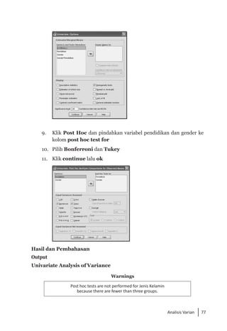 77
Analisis Varian
	
9. 	 Klik Post Hoc dan pindahkan variabel pendidikan dan gender ke
kolom post hoc test for
10.	 Pilih Bonferroni dan Tukey
11. 	 Klik continue lalu ok
	
Hasil dan Pembahasan
Output
Univariate Analysis of Variance
Warnings
Post hoc tests are not performed for Jenis Kelamin
because there are fewer than three groups.
 
