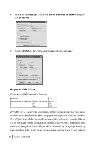 90 Analisis Multivariat
6. 	 Pilih Box Extraction, isikan box Fixed number of factor dengan 1
lalu continue
7. 	 Pilih box Rotation dan aktifkan uarimax lalu tekan continue
Output Analisis Faktor
Kaiser-Meyer-Olkin Measure of Sampling
Adequacy ,528
Bartlett’s Test of Sphericity Approx. Chi-Square
df
Sig.
52,593
21
,000
Bertletts test of sphericity digunakan untuk menunjukkan korelasi antar
variabel secara keseluruhan. Hasil pengujian menunjukkan koefisienBartletts
Test of Sphericity adalah 52,593 dengan derajat kebebasan 21 dan signifikansi
o,ooo sehingga secara keseluruhan korelasi antar variabel bermakna pada
taraf 0,0i. Pengujian Kaiser Meyer Olkin Measure of Sampling Adequacy
menghasilkan nilai 0.528 yang menunjukkan bahwa telah terjadi adanya
 