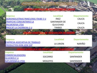 Unidad Agrícola De Producción de Cauca

Empresa                                  Localidad          Departamento
AGROINDUSTRIAS PANELERAS ITAIBE E U        PAEZ                CAUCA
TRAPICHE COMUNITARIO LA               SANTANDER DE
                                                               CAUCA
PALMERENA LTDA                          QUILICHAO
PROCAT LA CHORRERA E U                    TIMBIO               CAUCA

              Unidad Agrícola De Producción de Nariño

Empresa                                     Localidad       Departamento
EMPRESA ASOCIATIVA DE TRABAJO
                                            LA UNION          NARIÑO
PRODUCTOS DON JOSE EAT
         Unidad Agrícola De Producción de Santander
Empresa                         Localidad               Departamento
COMERCIALIZADORA
                                SOCORRO                  SANTANDER
OLIVEROS E U
NATURPANELA LTDA                MOGOTES                  SANTANDER
 