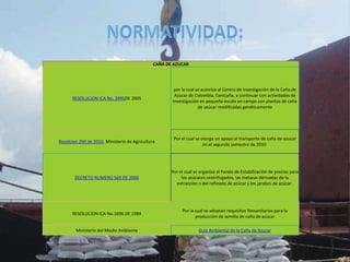 CAÑA DE AZUCAR




                                                       por la cual se autoriza al Centro de Investigación de la Caña de
                                                       Azúcar de Colombia, Cenicaña, a continuar con actividades de
      RESOLUCION ICA No. 3995DE 2005
                                                      investigación en pequeña escala en campo con plantas de caña
                                                                    de azúcar modificadas genéticamente




                                                       Por el cual se otorga un apoyo al transporte de caña de azucar
Resolcion 290 de 2010, Ministerio de Agricultura
                                                                       en el segundo semestre de 2010




                                                      Por el cual se organiza el Fondo de Estabilización de precios para
       DECRETO NUMERO 569 DE 2000                          los azúcares centrifugados, las melazas derivadas de la
                                                        extracción o del refinado de azúcar y los jarabes de azúcar.




                                                           Por la cual se adoptan requisitos fitosanitarios para la
      RESOLUCION ICA No.1696 DE 1984
                                                                  producción de semilla de caña de azúcar

        Ministerio del Medio Ambiente                               Guia Ambiental de la Caña de Azucar
 