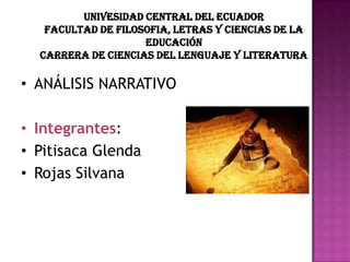 UNIVESIDAD CENTRAL DEL ECUADOR
   FACULTAD DE FILOSOFIA, LETRAS Y CIENCIAS DE LA
                    EDUCACIÓN
  CARRERA DE CIENCIAS DEL LENGUAJE Y LITERATURA

• ANÁLISIS NARRATIVO

• Integrantes:
• Pitisaca Glenda
• Rojas Silvana
 