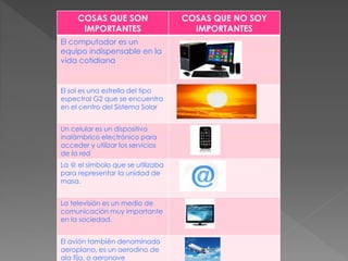 COSAS QUE SON 
IMPORTANTES 
COSAS QUE NO SOY 
IMPORTANTES 
El computador es un 
equipo indispensable en la 
vida cotidiana 
El sol es una estrella del tipo 
espectral G2 que se encuentra 
en el centro del Sistema Solar 
Un celular es un dispositivo 
inalámbrico electrónico para 
acceder y utilizar los servicios 
de la red 
La @ el símbolo que se utilizaba 
para representar la unidad de 
masa. 
La televisión es un medio de 
comunicación muy importante 
en la sociedad. 
El avión también denominado 
aeroplano, es un aerodino de 
ala fija, o aeronave 
