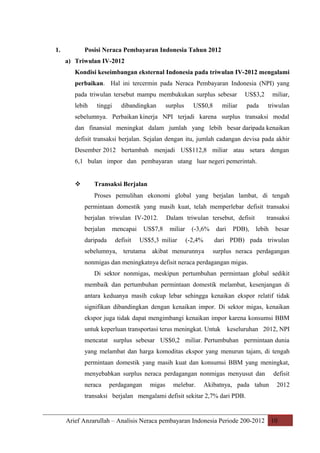 1.

Posisi Neraca Pembayaran Indonesia Tahun 2012
a) Triwulan IV-2012
Kondisi keseimbangan eksternal Indonesia pada triwulan IV-2012 mengalami
perbaikan. Hal ini tercermin pada Neraca Pembayaran Indonesia (NPI) yang
pada triwulan tersebut mampu membukukan surplus sebesar

US$3,2

lebih

pada

tinggi

dibandingkan

surplus

US$0,8

miliar

miliar,
triwulan

sebelumnya. Perbaikan kinerja NPI terjadi karena surplus transaksi modal
dan finansial meningkat dalam jumlah yang lebih besar daripada kenaikan
defisit transaksi berjalan. Sejalan dengan itu, jumlah cadangan devisa pada akhir
Desember 2012 bertambah menjadi US$112,8 miliar atau setara dengan
6,1 bulan impor dan pembayaran utang luar negeri pemerintah.



Transaksi Berjalan
Proses pemulihan ekonomi global yang berjalan lambat, di tengah
permintaan domestik yang masih kuat, telah memperlebar defisit transaksi
berjalan triwulan IV-2012.
berjalan

mencapai

daripada

defisit

US$7,8

Dalam triwulan tersebut, defisit
miliar

US$5,3 miliar

(-3,6%

dari

PDB),

transaksi
lebih

besar

(-2,4%

dari PDB) pada triwulan

sebelumnya, terutama akibat menurunnya

surplus neraca perdagangan

nonmigas dan meningkatnya defisit neraca perdagangan migas.
Di sektor nonmigas, meskipun pertumbuhan permintaan global sedikit
membaik dan pertumbuhan permintaan domestik melambat, kesenjangan di
antara keduanya masih cukup lebar sehingga kenaikan ekspor relatif tidak
signifikan dibandingkan dengan kenaikan impor. Di sektor migas, kenaikan
ekspor juga tidak dapat mengimbangi kenaikan impor karena konsumsi BBM
untuk keperluan transportasi terus meningkat. Untuk

keseluruhan 2012, NPI

mencatat surplus sebesar US$0,2 miliar. Pertumbuhan permintaan dunia
yang melambat dan harga komoditas ekspor yang menurun tajam, di tengah
permintaan domestik yang masih kuat dan konsumsi BBM yang meningkat,
menyebabkan surplus neraca perdagangan nonmigas menyusut dan
neraca

perdagangan

migas

melebar.

Akibatnya, pada tahun

defisit
2012

transaksi berjalan mengalami defisit sekitar 2,7% dari PDB.

Arief Anzarullah – Analisis Neraca pembayaran Indonesia Periode 200-2012 10

 