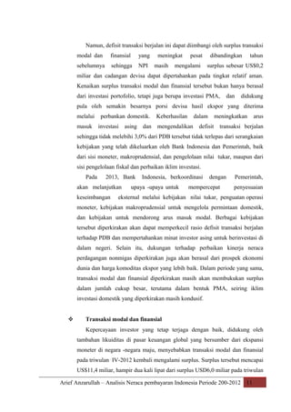 Namun, defisit transaksi berjalan ini dapat diimbangi oleh surplus transaksi
modal dan

finansial

yang

sebelumnya

sehingga

NPI

meningkat
masih

pesat

mengalami

dibandingkan

tahun

surplus sebesar US$0,2

miliar dan cadangan devisa dapat dipertahankan pada tingkat relatif aman.
Kenaikan surplus transaksi modal dan finansial tersebut bukan hanya berasal
dari investasi portofolio, tetapi juga berupa investasi PMA,

dan

didukung

pula oleh semakin besarnya porsi devisa hasil ekspor yang diterima
melalui
masuk

perbankan domestik.
investasi

asing

dan

Keberhasilan

dalam

mengendalikan

meningkatkan

defisit

arus

transaksi berjalan

sehingga tidak melebihi 3,0% dari PDB tersebut tidak terlepas dari serangkaian
kebijakan yang telah dikeluarkan oleh Bank Indonesia dan Pemerintah, baik
dari sisi moneter, makroprudensial, dan pengelolaan nilai tukar, maupun dari
sisi pengelolaan fiskal dan perbaikan iklim investasi.
Pada

2013, Bank

akan melanjutkan
keseimbangan

Indonesia, berkoordinasi

upaya -upaya untuk

dengan

mempercepat

Pemerintah,
penyesuaian

eksternal melalui kebijakan nilai tukar, penguatan operasi

moneter, kebijakan makroprudensial untuk mengelola permintaan domestik,
dan kebijakan untuk mendorong arus masuk modal. Berbagai kebijakan
tersebut diperkirakan akan dapat memperkecil rasio defisit transaksi berjalan
terhadap PDB dan mempertahankan minat investor asing untuk berinvestasi di
dalam negeri. Selain itu, dukungan terhadap perbaikan kinerja neraca
perdagangan nonmigas diperkirakan juga akan berasal dari prospek ekonomi
dunia dan harga komoditas ekspor yang lebih baik. Dalam periode yang sama,
transaksi modal dan finansial diperkirakan masih akan membukukan surplus
dalam jumlah cukup besar, terutama dalam bentuk PMA, seiring iklim
investasi domestik yang diperkirakan masih kondusif.



Transaksi modal dan finansial
Kepercayaan investor yang tetap terjaga dengan baik, didukung oleh
tambahan likuiditas di pasar keuangan global yang bersumber dari ekspansi
moneter di negara -negara maju, menyebabkan transaksi modal dan finansial
pada triwulan IV-2012 kembali mengalami surplus. Surplus tersebut mencapai
US$11,4 miliar, hampir dua kali lipat dari surplus USD6,0 miliar pada triwulan

Arief Anzarullah – Analisis Neraca pembayaran Indonesia Periode 200-2012 11

 