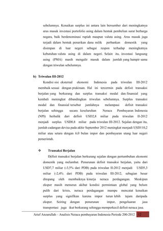 sebelumnya. Kenaikan surplus ini antara lain bersumber dari meningkatnya
arus masuk investasi portofolio asing dalam bentuk pembelian surat berharga
negara, baik berdenominasi rupiah maupun valuta asing. Arus masuk juga
terjadi dalam bentuk penarikan dana milik
disimpan

di

luar

negeri

sebagai

perbankan

respon

domestik

terhadap

yang

meningkatnya

kebutuhan valuta asing di dalam negeri. Selain itu, investasi langsung
asing (PMA) masih mengalir masuk dalam jumlah yang hampir sama
dengan triwulan sebelumnya.
b) Triwulan III-2012
Kondisi sisi eksternal

ekonomi

Indonesia

pada

triwulan

III-2012

membaik sesuai dengan prakiraan. Hal ini tercermin pada defisit transaksi
berjalan yang berkurang dan surplus transaksi modal dan finansial yang
kembali meningkat dibandingkan triwulan sebelumnya. Surplus transaksi
modal

dan

finansial tersebut

berjalan sehingga
(NPI)

berbalik

jumlahnya

melampaui

secara keseluruhan
dari

defisit

USD2,8

Neraca
miliar

defisit transaksi

Pembayaran Indonesia
pada

triwulan

II-2012

menjadi surplus USD0,8 miliar pada triwulan III-2012. Sejalan dengan itu,
jumlah cadangan devisa pada akhir September 2012 meningkat menjadi USD110,2
miliar atau setara dengan 6,0 bulan impor dan pembayaran utang luar negeri
pemerintah.



Transaksi Berjalan
Défisit transaksi berjalan berkurang sejalan dengan pertumbuhan ekonomi
domestik yang melambat. Penurunan defisit transaksi berjalan, yaitu dari
USD7,7 miliar (-3,5% dari PDB) pada triwulan II-2012 menjadi
miliar

(-2,4%

ditopang

dari

oleh

PDB)

pada

triwulan

membaiknya kinerja

III-2012,

neraca

USD5,3

sebagian

perdagangan.

besar

Meskipun

ekspor masih menurun akibat kondisi permintaan global yang belum
pulih

dari

krisis,

surplus

yang

ekspor.

Seiring

neraca

signifikan
dengan

perdagangan

karena

impor

penurunan

mampu

mencatat kenaikan

turun lebih
impor,

tajam

daripada

pengeluaran

jasa

transportasi juga ikut berkurang sehingga memperkecil defisit neraca jasa.
Arief Anzarullah – Analisis Neraca pembayaran Indonesia Periode 200-2012 12

 