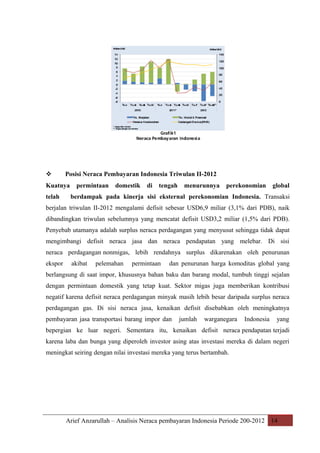 

Posisi Neraca Pembayaran Indonesia Triwulan II-2012

Kuatnya
telah

permintaan

domestik

di

tengah

menurunnya

perekonomian

global

berdampak pada kinerja sisi eksternal perekonomian Indonesia. Transaksi

berjalan triwulan II-2012 mengalami defisit sebesar USD6,9 miliar (3,1% dari PDB), naik
dibandingkan triwulan sebelumnya yang mencatat defisit USD3,2 miliar (1,5% dari PDB).
Penyebab utamanya adalah surplus neraca perdagangan yang menyusut sehingga tidak dapat
mengimbangi defisit neraca jasa dan neraca pendapatan yang melebar. Di sisi
neraca perdagangan nonmigas, lebih rendahnya surplus dikarenakan oleh penurunan
ekspor

akibat

pelemahan

permintaan

dan penurunan harga komoditas global yang

berlangsung di saat impor, khususnya bahan baku dan barang modal, tumbuh tinggi sejalan
dengan permintaan domestik yang tetap kuat. Sektor migas juga memberikan kontribusi
negatif karena defisit neraca perdagangan minyak masih lebih besar daripada surplus neraca
perdagangan gas. Di sisi neraca jasa, kenaikan defisit disebabkan oleh meningkatnya
pembayaran jasa transportasi barang impor dan

jumlah

warganegara

Indonesia

yang

bepergian ke luar negeri. Sementara itu, kenaikan defisit neraca pendapatan terjadi
karena laba dan bunga yang diperoleh investor asing atas investasi mereka di dalam negeri
meningkat seiring dengan nilai investasi mereka yang terus bertambah.

Arief Anzarullah – Analisis Neraca pembayaran Indonesia Periode 200-2012 14

 