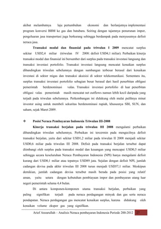 akibat melambatnya

laju pertumbuhan

ekonomi

dan berlanjutnya implementasi

program konversi BBM ke gas dan batubara. Seiring dengan tajamnya penurunan impor,
pengeluaran jasa transportasi juga berkurang sehingga berdampak pada menyusutnya defisit
neraca jasa.
Transaksi modal dan finansial pada triwulan I 2009 mencatat surplus
sekitar

USD2,4

miliar

(triwulan

IV

2008: defisit USD4,1 miliar). Perbaikan kinerja

transaksi modal dan finansial ini bersumber dari surplus pada transaksi investasi langsung dan
transaksi investasi portofolio. Transaksi investasi langsung mencatat kenaikan surplus
dibandingkan triwulan sebelumnya dengan sumbangan terbesar berasal dari kenaikan
investasi di sektor migas dan transaksi akuisisi di sektor telekomunikasi. Sementara itu,
surplus transaksi investasi portofolio sebagian besar berasal dari hasil penerbitan obligasi
pemerintah

berdenominasi

obligasi valas pemerintah

valas. Transaksi investasi portofolio di luar penerbitan
masih mencatat net outflows namun lebih kecil daripada yang

terjadi pada triwulan sebelumnya. Perkembangan ini didukung oleh mulai pulihnya minat
investor asing untuk membeli sekuritas berdenominasi rupiah, khususnya SBI, SUN, dan
saham, sejak Maret 2009.



Posisi Neraca Pembayaran Indonesia Triwulan III-2008
Kinerja transaksi berjalan pada triwulan III 2008 mengalami perbaikan

dibandingkan triwulan sebelumnya. Perbaikan ini tercermin pada mengecilnya defisit
transaksi berjalan, yaitu dari sekitar USD1,2 miliar pada triwulan II 2008 menjadi sekitar
USD0,6 miliar pada triwulan III 2008. Defisit pada transaksi berjalan tersebut dapat
diimbangi oleh surplus pada transaksi modal dan keuangan yang mencapai USD0,5 miliar
sehingga secara keseluruhan Neraca Pembayaran Indonesia (NPI) hanya mengalami defisit
kurang dari USD0,1 miliar atau tepatnya USD89 juta. Sejalan dengan defisit NPI, jumlah
cadangan devisa pada akhir triwulan III 2008 turun menjadi USD57,1 miliar. Meskipun
demikian, jumlah cadangan devisa tersebut masih berada pada posisi yang relatif
aman,

yaitu

setara

dengan kebutuhan pembiayaan impor dan pembayaran utang luar

negeri pemerintah selama 4,4 bulan.
Di
paling

antara
signifikan

komponen-komponen
terjadi

utama

transaksi

berjalan,

perbaikan

yang

pada neraca perdagangan minyak dan gas serta neraca

pendapatan. Neraca perdagangan gas mencatat kenaikan surplus, karena

didukung

kenaikan volume ekspor gas yang signifikan.
Arief Anzarullah – Analisis Neraca pembayaran Indonesia Periode 200-2012 27

oleh

 