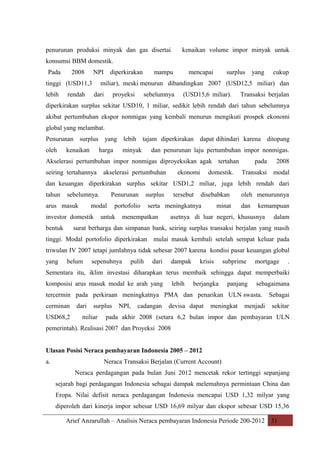 penurunan produksi minyak dan gas disertai

kenaikan volume impor minyak untuk

konsumsi BBM domestik.
Pada

2008

NPI

tinggi (USD11,3
lebih

diperkirakan

mampu

mencapai

surplus

yang

cukup

miliar), meski menurun dibandingkan 2007 (USD12,5 miliar) dan

rendah

dari

proyeksi

sebelumnya

(USD15,6 miliar).

Transaksi berjalan

diperkirakan surplus sekitar USD10, 1 miliar, sedikit lebih rendah dari tahun sebelumnya
akibat pertumbuhan ekspor nonmigas yang kembali menurun mengikuti prospek ekonomi
global yang melambat.
Penurunan surplus yang lebih tajam diperkirakan dapat dihindari karena ditopang
oleh

kenaikan

harga

minyak

dan penurunan laju pertumbuhan impor nonmigas.

Akselerasi pertumbuhan impor nonmigas diproyeksikan agak tertahan
seiring tertahannya

akselerasi pertumbuhan

ekonomi

domestik.

pada

2008

Transaksi

modal

dan keuangan diperkirakan surplus sekitar USD1,2 miliar, juga lebih rendah dari
tahun

sebelumnya.

arus masuk

modal

investor domestik
bentuk

Penurunan
portofolio

untuk

surplus

tersebut

disebabkan

serta meningkatnya

menempatkan

minat

oleh menurunnya
dan

kemampuan

asetnya di luar negeri, khususnya

dalam

surat berharga dan simpanan bank, seiring surplus transaksi berjalan yang masih

tinggi. Modal portofolio diperkirakan mulai masuk kembali setelah sempat keluar pada
triwulan IV 2007 tetapi jumlahnya tidak sebesar 2007 karena kondisi pasar keuangan global
yang

belum

sepenuhnya

pulih

dari

dampak

krisis

subprime

mortgage

.

Sementara itu, iklim investasi diharapkan terus membaik sehingga dapat memperbaiki
komposisi arus masuk modal ke arah yang

lebih

berjangka

panjang

sebagaimana

tercermin pada perkiraan meningkatnya PMA dan penarikan ULN swasta.
cerminan
USD68,2

dari

surplus

miliar

NPI,

cadangan

devisa dapat

meningkat

menjadi

Sebagai
sekitar

pada akhir 2008 (setara 6,2 bulan impor dan pembayaran ULN

pemerintah). Realisasi 2007 dan Proyeksi 2008
Ulasan Posisi Neraca pembayaran Indonesia 2005 – 2012
a.

Neraca Transaksi Berjalan (Current Account)
Neraca perdagangan pada bulan Juni 2012 mencetak rekor tertinggi sepanjang
sejarah bagi perdagangan Indonesia sebagai dampak melemahnya permintaan China dan
Eropa. Nilai defisit neraca perdagangan Indonesia mencapai USD 1,32 milyar yang
diperoleh dari kinerja impor sebesar USD 16,69 milyar dan ekspor sebesar USD 15,36
Arief Anzarullah – Analisis Neraca pembayaran Indonesia Periode 200-2012 31

 