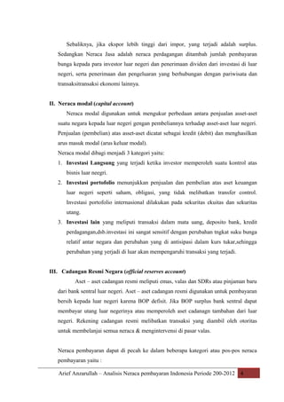 Sebaliknya, jika ekspor lebih tinggi dari impor, yang terjadi adalah surplus.
Sedangkan Neraca Jasa adalah neraca perdagangan ditambah jumlah pembayaran
bunga kepada para investor luar negeri dan penerimaan dividen dari investasi di luar
negeri, serta penerimaan dan pengeluaran yang berhubungan dengan pariwisata dan
transaksitransaksi ekonomi lainnya.
II. Neraca modal (capital account)
Neraca modal digunakan untuk mengukur perbedaan antara penjualan asset-aset
suatu negara kepada luar negeri gengan pembeliannya terhadap asset-aset luar negeri.
Penjualan (pembelian) atas asset-aset dicatat sebagai kredit (debit) dan menghasilkan
arus masuk modal (arus keluar modal).
Neraca modal dibagi menjadi 3 kategori yaitu:
1. Investasi Langsung yang terjadi ketika investor memperoleh suatu kontrol atas
bisnis luar neegri.
2. Investasi portofolio menunjukkan penjualan dan pembelian atas aset keuangan
luar negeri seperti saham, obligasi, yang tidak melibatkan transfer control.
Investasi portofolio internasional dilakukan pada sekuritas ekuitas dan sekuritas
utang.
3. Investasi lain yang meliputi transaksi dalam mata uang, deposito bank, kredit
perdagangan,dsb.investasi ini sangat sensitif dengan perubahan tngkat suku bunga
relatif antar negara dan perubahan yang di antisipasi dalam kurs tukar,sehingga
perubahan yang yerjadi di luar akan mempengaruhi transaksi yang terjadi.
III. Cadangan Resmi Negara (official reserves account)
Aset – aset cadangan resmi meliputi emas, valas dan SDRs atau pinjaman baru
dari bank sentral luar negeri. Aset – aset cadangan resmi digunakan untuk pembayaran
bersih kepada luar negeri karena BOP defisit. Jika BOP surplus bank sentral dapat
membayar utang luar negerinya atau memperoleh aset cadanagn tambahan dari luar
negeri. Rekening cadangan resmi melibatkan transaksi yang diambil oleh otoritas
untuk membelanjai semua neraca & mengintervensi di pasar valas.
Neraca pembayaran dapat di pecah ke dalam beberapa kategori atau pos-pos neraca
pembayaran yaitu :
Arief Anzarullah – Analisis Neraca pembayaran Indonesia Periode 200-2012 4

 