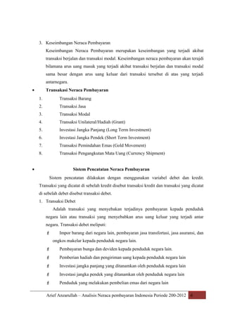 3. Keseimbangan Neraca Pembayaran
Keseimbangan Neraca Pembayaran merupakan keseimbangan yang terjadi akibat
transaksi berjalan dan transaksi modal. Keseimbangan neraca pembayaran akan terajdi
bilamana arus uang masuk yang terjadi akibat transaksi berjalan dan transaksi modal
sama besar dengan arus uang keluar dari transaksi tersebut di atas yang terjadi
antarnegara.
•

Transakasi Neraca Pembayaran
1.

Transaksi Barang

2.

Transaksi Jasa

3.

Transaksi Modal

4.

Transaksi Unilateral/Hadiah (Grant)

5.

Investasi Jangka Panjang (Long Term Investment)

6.

Investasi Jangka Pendek (Short Term Investment)

7.

Transaksi Pemindahan Emas (Gold Movement)

8.

Transaksi Pengangkutan Mata Uang (Currency Shipment)

•

Sistem Pencatatan Neraca Pembayaran
Sistem pencatatan dilakukan dengan menggunakan variabel debet dan kredit.
Transaksi yang dicatat di sebelah kredit disebut transaksi kredit dan transaksi yang dicatat
di sebelah debet disebut transaksi debet.
1. Transaksi Debet
Adalah transaksi yang menyebakan terjadinya pembayaran kepada penduduk
negara lain atau transaksi yang menyebabkan arus uang keluar yang terjadi antar
negara. Transaksi debet meliputi:


Impor barang dari negara lain, pembayaran jasa transfortasi, jasa asuransi, dan
ongkos makelar kepada penduduk negara lain.



Pembayaran bunga dan deviden kepada penduduk negara lain.



Pemberian hadiah dan pengiriman uang kepada penduduk negara lain



Investasi jangka panjang yang ditanamkan oleh penduduk negara lain



Investasi jangka pendek yang ditanamkan oleh penduduk negara lain



Penduduk yang melakukan pembelian emas dari negara lain

Arief Anzarullah – Analisis Neraca pembayaran Indonesia Periode 200-2012 6

 