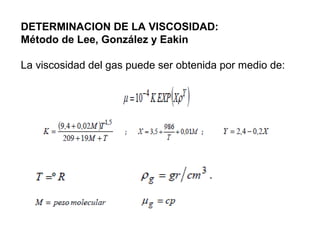 DETERMINACION DE LA VISCOSIDAD: 
Método de Lee, González y Eakin 
La viscosidad del gas puede ser obtenida por medio de: 
 