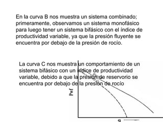 En la curva B nos muestra un sistema combinado; 
primeramente, observamos un sistema monofásico 
para luego tener un sistema bifásico con el índice de 
productividad variable, ya que la presión fluyente se 
encuentra por debajo de la presión de rocío. 
La curva C nos muestra un comportamiento de un 
sistema bifásico con un índice de productividad 
variable, debido a que la presión de reservorio se 
encuentra por debajo de la presión de rocío 
 