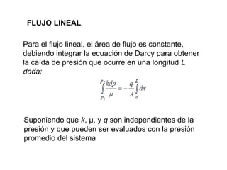 FLUJO LINEAL 
Para el flujo lineal, el área de flujo es constante, 
debiendo integrar la ecuación de Darcy para obtener 
la caída de presión que ocurre en una longitud L 
dada: 
Suponiendo que k, μ, y q son independientes de la 
presión y que pueden ser evaluados con la presión 
promedio del sistema 
 
