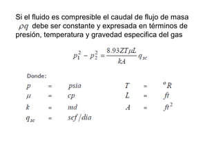 Si el fluido es compresible el caudal de flujo de masa 
debe ser constante y expresada en términos de 
presión, temperatura y gravedad especifica del gas 
 