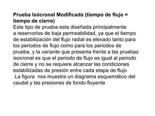 Prueba Isócronal Modificada (tiempo de flujo = 
tiempo de cierre) 
Este tipo de prueba esta diseñada principalmente 
a reservorios de baja permeabilidad, ya que el tiempo 
de estabilización del flujo radial es elevado tanto para 
los periodos de flujo como para los periodos de 
prueba, y la variante que presenta frente a las pruebas 
isocronal es que el periodo de flujo es igual al periodo 
de cierre y no se requiere alcanzar las condiciones 
estabilizadas de presión entre cada etapa de flujo 
La figura nos muestra un diagrama esquemático del 
caudal y las presiones de fondo fluyente 
 