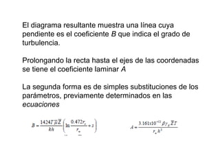 El diagrama resultante muestra una línea cuya 
pendiente es el coeficiente B que indica el grado de 
turbulencia. 
Prolongando la recta hasta el ejes de las coordenadas 
se tiene el coeficiente laminar A 
La segunda forma es de simples substituciones de los 
parámetros, previamente determinados en las 
ecuaciones 
 
