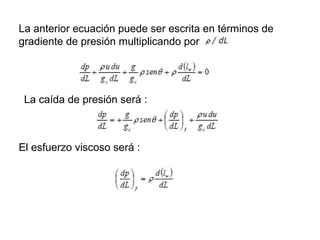 La anterior ecuación puede ser escrita en términos de 
gradiente de presión multiplicando por 
La caída de presión será : 
El esfuerzo viscoso será : 
 