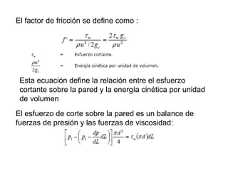 El factor de fricción se define como : 
Esta ecuación define la relación entre el esfuerzo 
cortante sobre la pared y la energía cinética por unidad 
de volumen 
El esfuerzo de corte sobre la pared es un balance de 
fuerzas de presión y las fuerzas de viscosidad: 
 