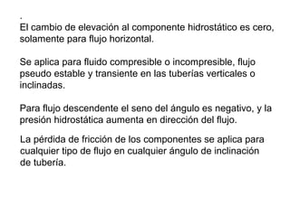. 
El cambio de elevación al componente hidrostático es cero, 
solamente para flujo horizontal. 
Se aplica para fluido compresible o incompresible, flujo 
pseudo estable y transiente en las tuberías verticales o 
inclinadas. 
Para flujo descendente el seno del ángulo es negativo, y la 
presión hidrostática aumenta en dirección del flujo. 
La pérdida de fricción de los componentes se aplica para 
cualquier tipo de flujo en cualquier ángulo de inclinación 
de tubería. 
 