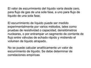 El valor de escurrimiento del líquido varía desde cero, 
para flujo de gas de una sola fase, a uno para flujo de 
líquido de una sola fase. 
El escurrimiento de líquido puede ser medido 
experimentalmente por varios métodos, tales como 
pruebas de resistividad o capacidad, densitómetros 
nucleares, o por entrampar un segmento de corriente de 
flujo entre válvulas de echado rápido y midiendo el 
volumen de líquido atrapado. 
No se puede calcular analíticamente un valor de 
escurrimiento de líquido. Se debe determinar de 
correlaciones empíricas 
 