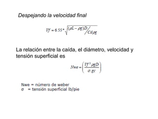 Despejando la velocidad final 
La relación entre la caída, el diámetro, velocidad y 
tensión superficial es 
 